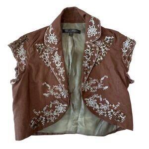 True Meaning Brown Embroidered Boho Beaded Brown Bolero Western Jacket Vest Sz 4